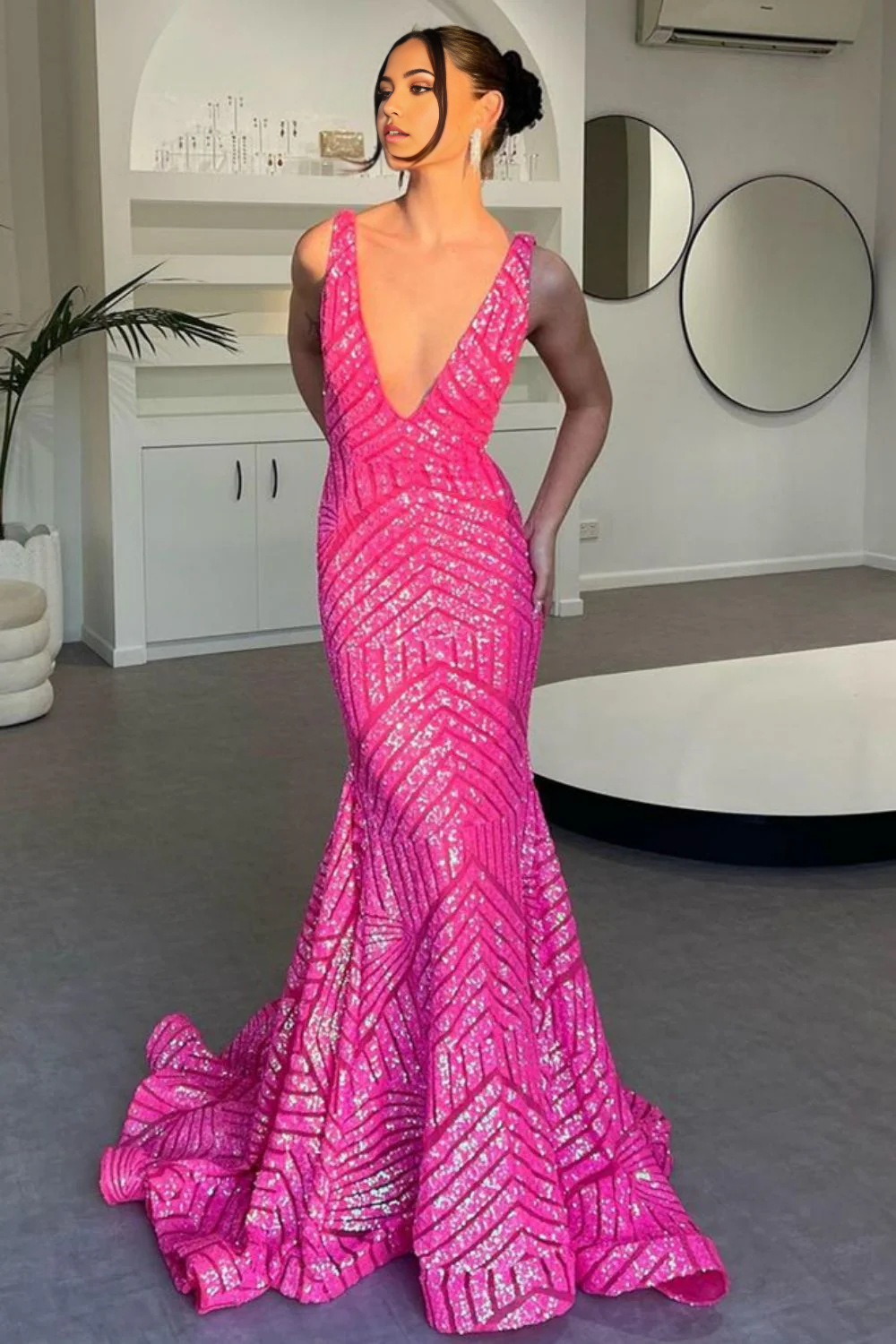Mermaid Sparkly Deep V Neck Sequins Long Prom Dress with Backless